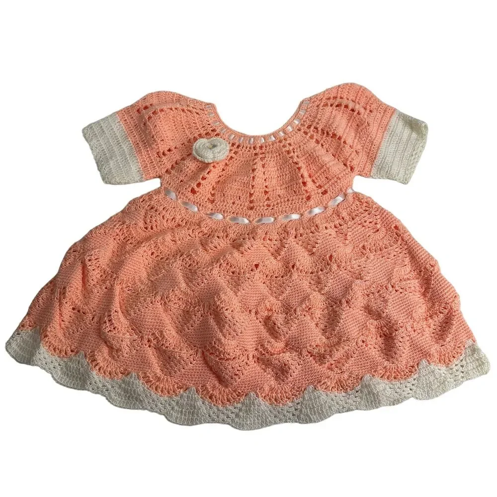 hand knit crochet ribbon baby dress vintage 9-12 months